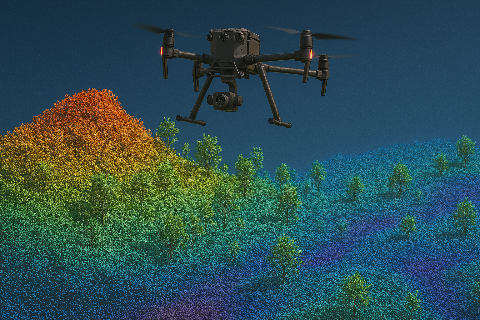 LiDAR drone flying over colorful point cloud terrain visualization